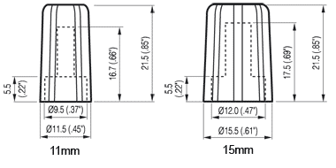 Masszeichnung Drehknpfe Typ 11,15mm Steckknopf - hohe Bauform mit integrierter Mutterabdeckung