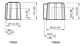 Masszeichnung Drehknpfe Typ 11,15mm Steckknopf - niedere Bauform mit 1-Flgel